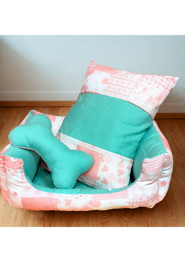 Rikku Guay, CAMITA DESENFUNDABLE ROSA Y MENTA + cojín
